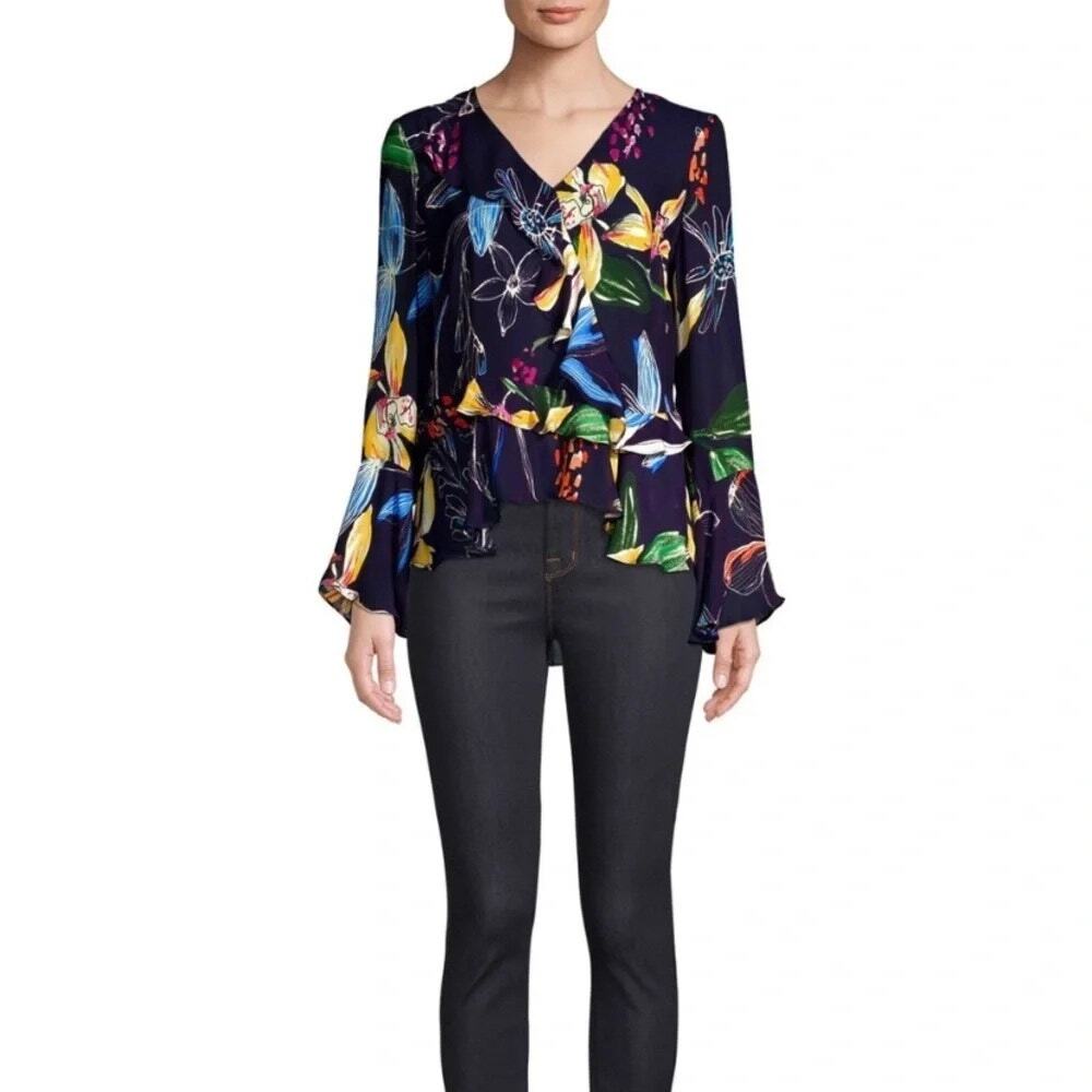 PARKER | M | Gardenia Night Silk Blend Ruffle Bell Sleeve Floral Blouse Navy